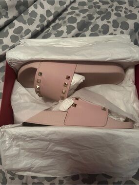 Valentino Garavani Blush Pink Rockstud Slide Sandals